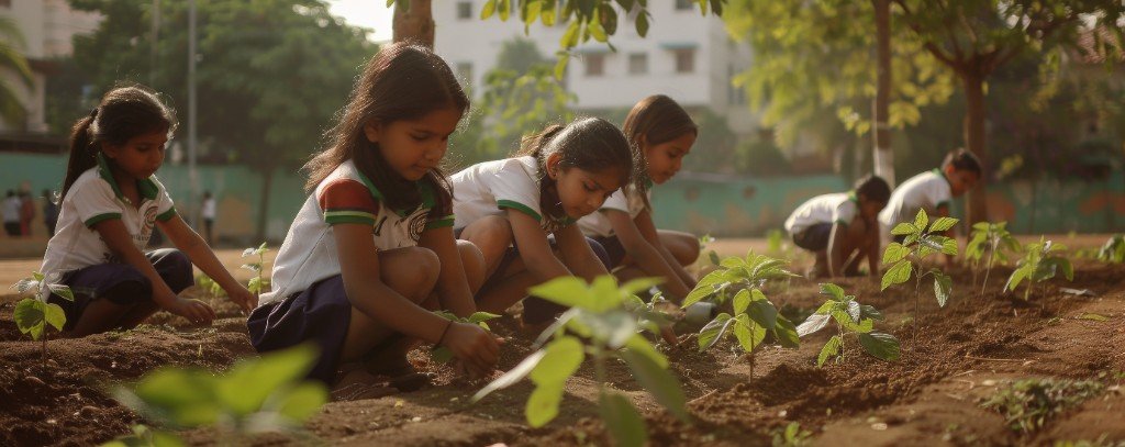 Children planting trees for the environment