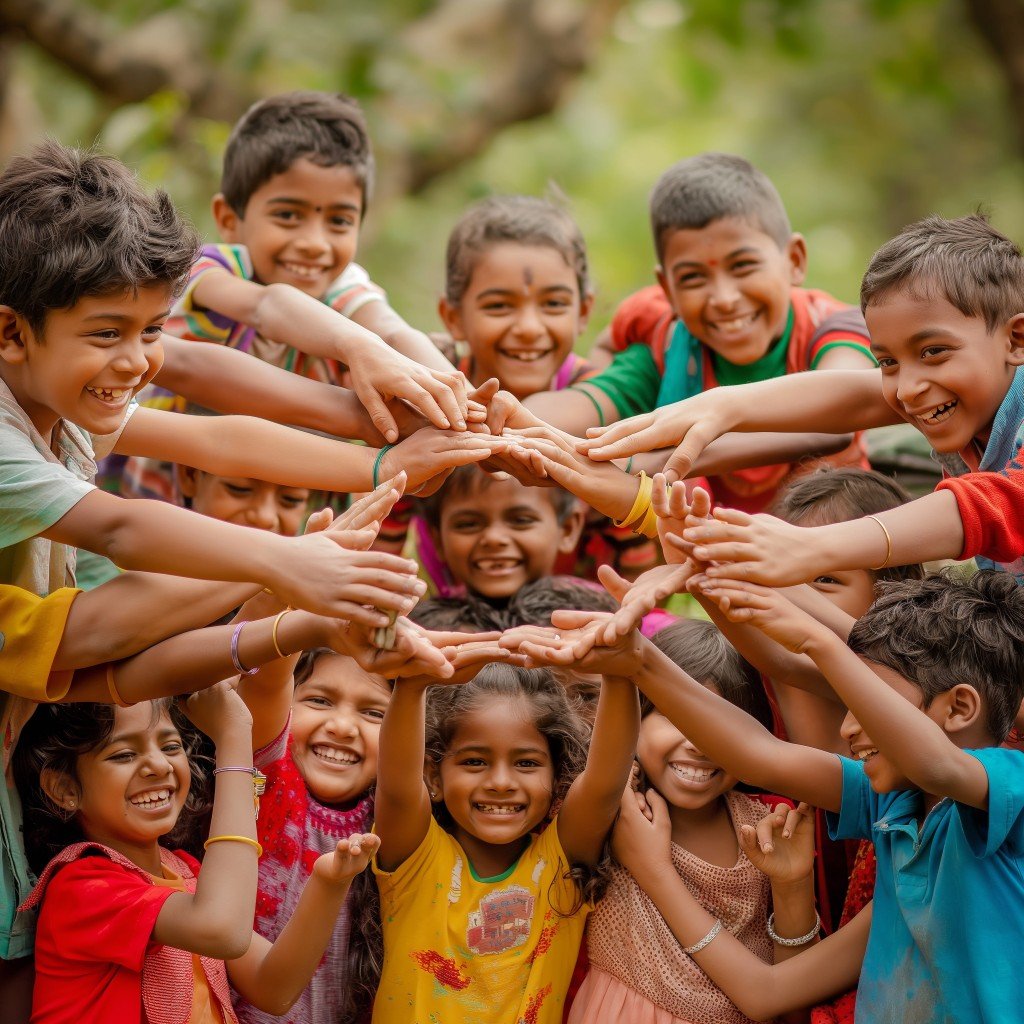 Children joining hands in a circle, representing unity and joy