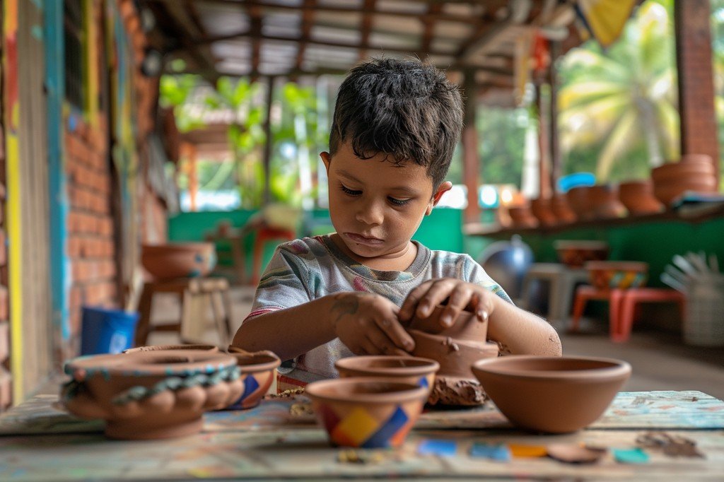 Child learning pottery and creative skills